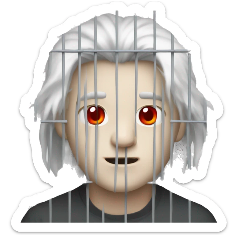 small man with paper white skin, white horns, red eyes and long hair in a cage sticker
