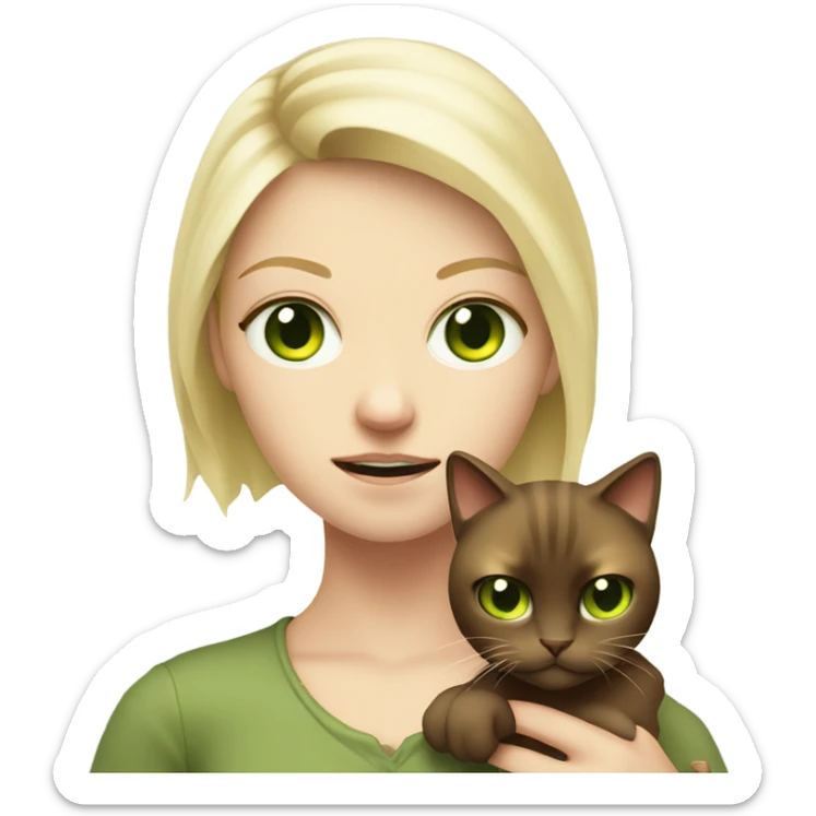 green eyed pale blonde girl holding angry brown cat indoors sticker