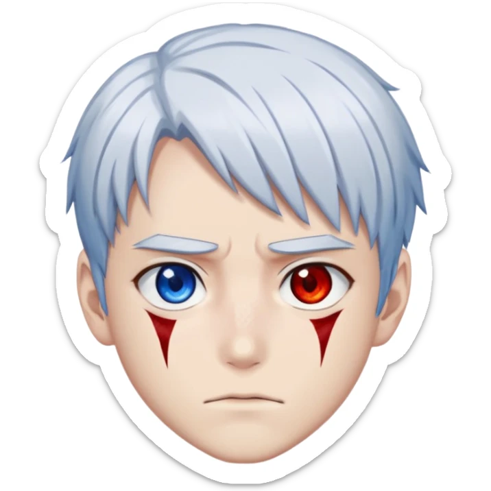 Shoto Todoroki face only, half red half white hair, heterochromia eyes one blue one gray, burn scar on left side of face, serious expression sticker