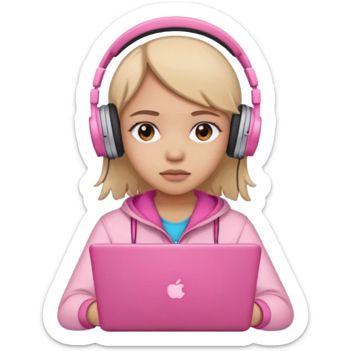a girl with a pink laptop with headphones, color outline icon style, looking sad sticker