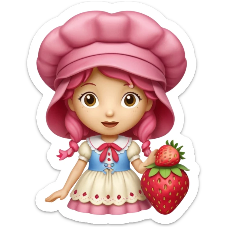 Isolated, detaile illustration of the most incredibly adorable realistic modern, vintage cartoon character strawberry shortcake
figurine imaginable, toy style. sticker