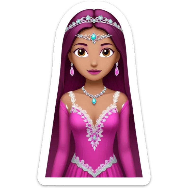 enchantress goddess wearing a embellished shimmering light powder white lace and magenta pink gown with tanned skin and super long straight dark brown hair sticker