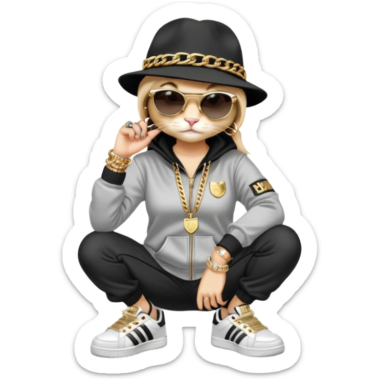 female cat wearing Run DMC hip-hop outfit with tracksuit, fedora, Adidas sneakers, dark sunglasses, many gold chains, rings, bracelets, flashy earrings, fallen down sticker
