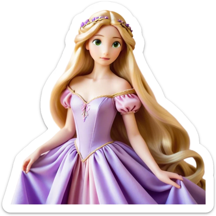 Cinematic Realistic Rapunzel Portrait, with porcelain-like skin featuring a subtle, natural glow, illuminated by soft lighting that brings out the gentle contours of her face. Her long, golden blonde hair cascades in detailed waves, each strand highlighted with a radiant shimmer as it catches the light. She playfully holds a flower in one hand, her other hand resting casually in her lap, with a warm and spirited expression. Her bright, expressive green eyes exude curiosity and warmth, framed by delicate lashes and soft, arched brows. She is dressed in her classic lavender and pink gown, the fabric textured with delicate folds that flow naturally, catching the light with a soft, radiant glow. The portrait captures a luminous, enchanting aura, seamlessly blending realism with a whimsical, fairytale charm, evoking a timeless sense of beauty and magic. sticker