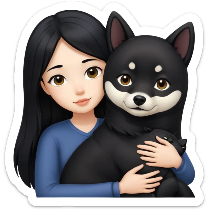 A beautiful girl with long black hair hugs a black Shiba Inu sticker