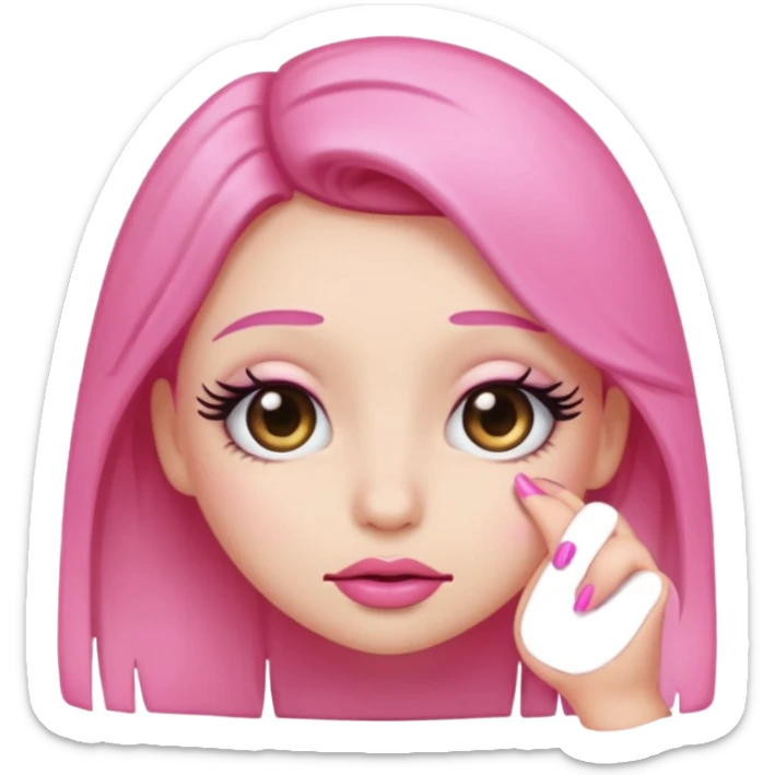 Shy emoji with long lashes, pouty lips, and pink nails on a black background, cute aesthetic sticker