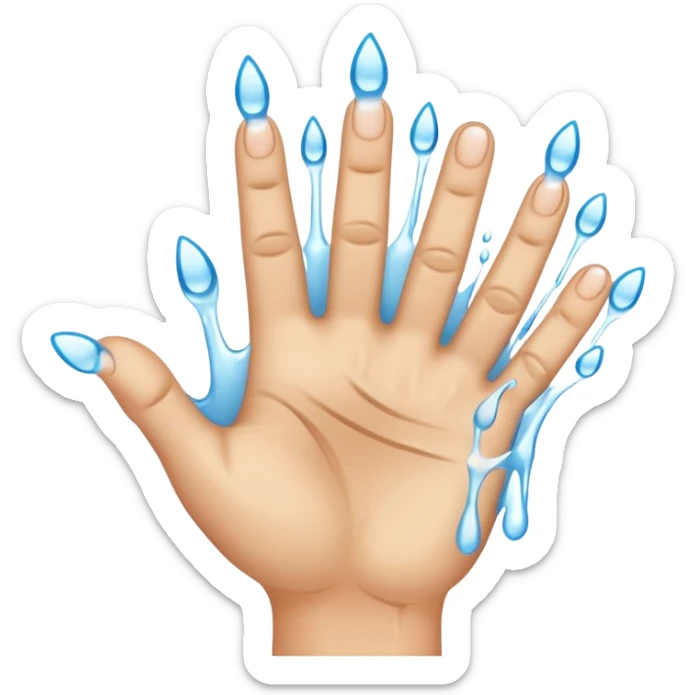 Water dripping directly off index and middle fingers of hand with 5 fingers sticker