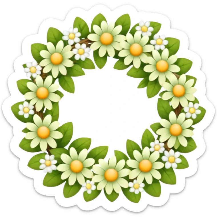 flower wreath with mostly yellow, white and green pastel colors, in a shape of an egg. flowers are original sticker