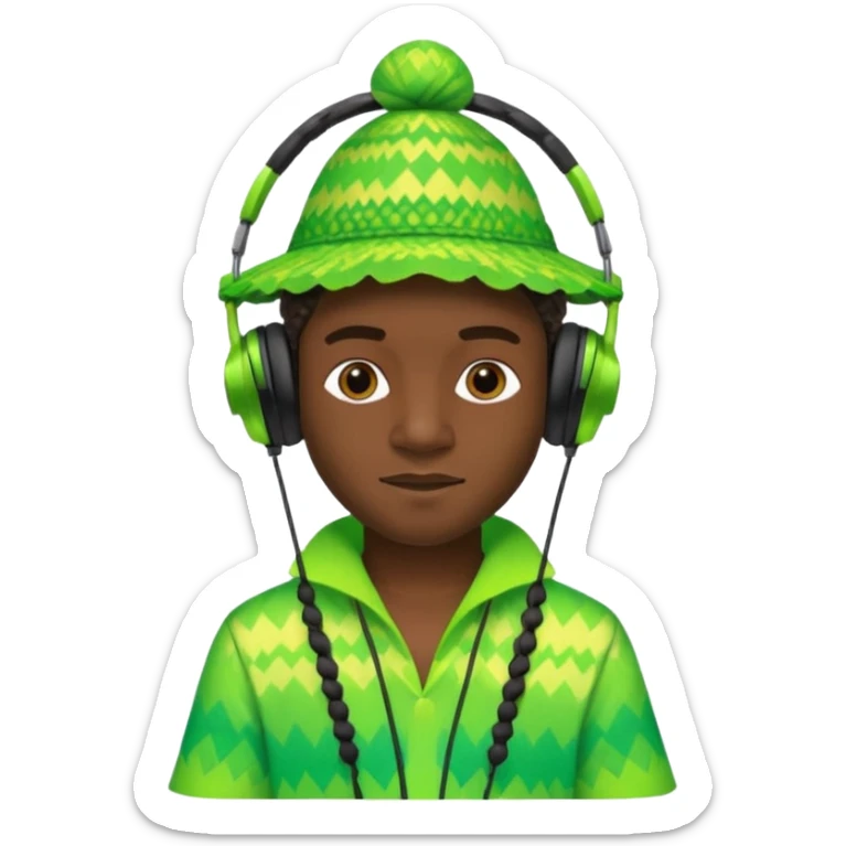 Create me an emoji of a cool Young Nigerian prince wearing a neon green gradient African patterns with  a hula hat (a Nigerian-inspired hat) and wearing cool headphones. sticker