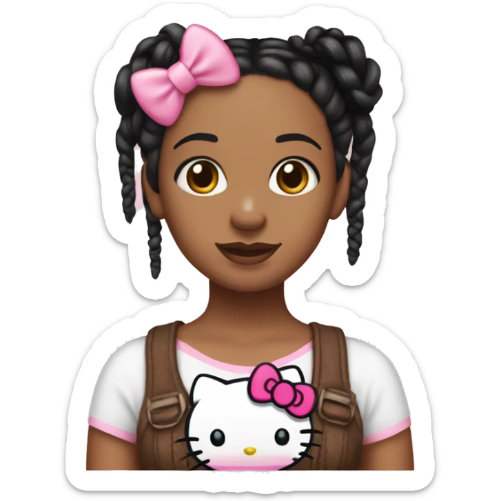 Brown woman with black braids, hazel eyes, has a pink bow on hair and wearing a hello kitty top sticker