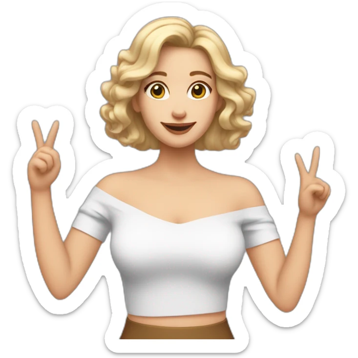 white woman with shoulder-length wavy hair, wearing an off-shoulder top, and making this gesture 🫶🏻 sticker