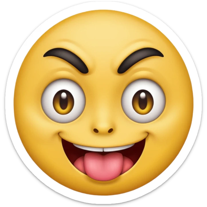 A yellow round face emoji smirking with its tounge out but the eyes are evil and kind of crazy and only one of the eyebrows is raised and the other eyebrow is lower and normal sticker