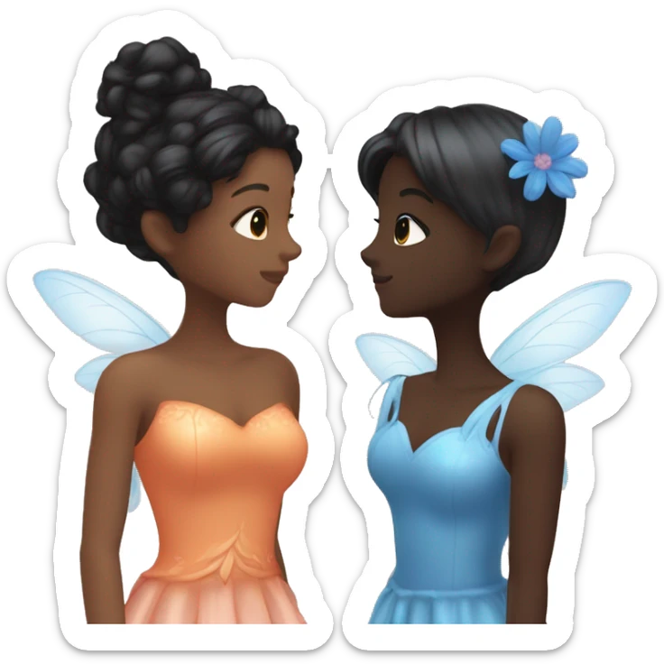 two fairies kissing, one is white and has a pink dress made from a flower and er hair is orange, and other is dark brown with black hair and a blue dress made of flower sticker