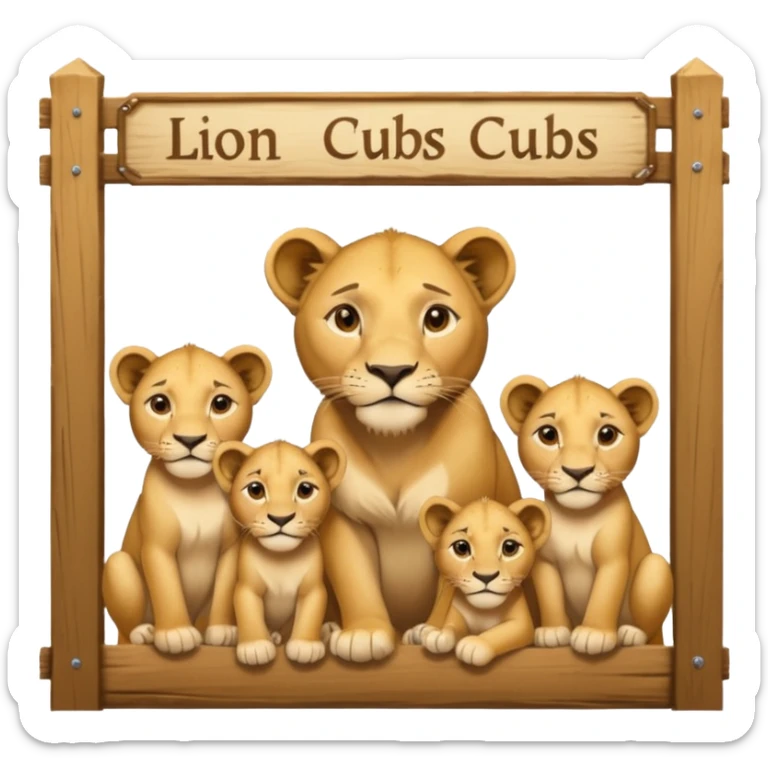 Un letrero del zoológico que dice “LION CUBS — BORN LAST WEEK” y delante una leona con sus cachorros recién nacidos, con la gente mirando emocionada desde la reja.






 sticker