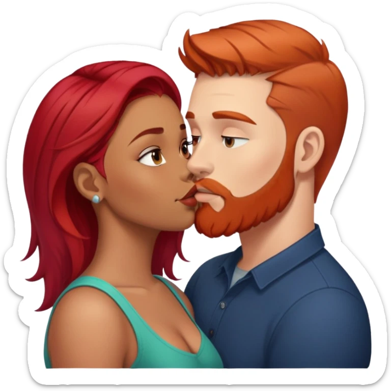 kiss emoji with a white man with brown undercut and beard, kissing a latina girl with redhair sticker