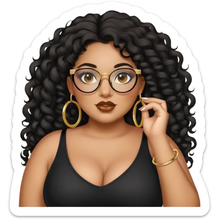 big plus size, latina, darker tan skin, gold hoops, long black curly hair, baddie,pretty, makeup, lipgloss, black eyeliner, long hair, black top, black glasses sticker