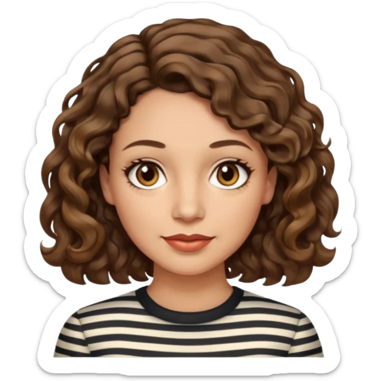 woman, 40s, chin-length wavy/curly/unruly brown-ish, few white stripes hair, hazel eyes, light skin sticker