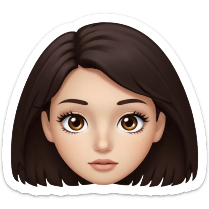 too dark brown 3c hair with dark brown eyes and too long lashes and some make up with freckle and light brown skin sticker