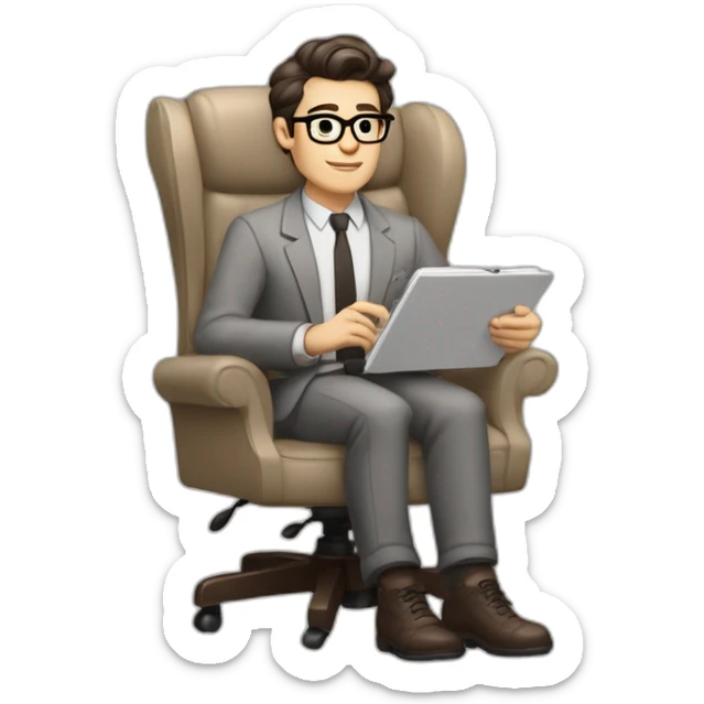 Pale skinned Fit Man With dark brown hair in gray jacket, beige office shirt and vintage glasses sitting In a soft chair with a notebook with emblem Ψ and a pen in his hands sticker