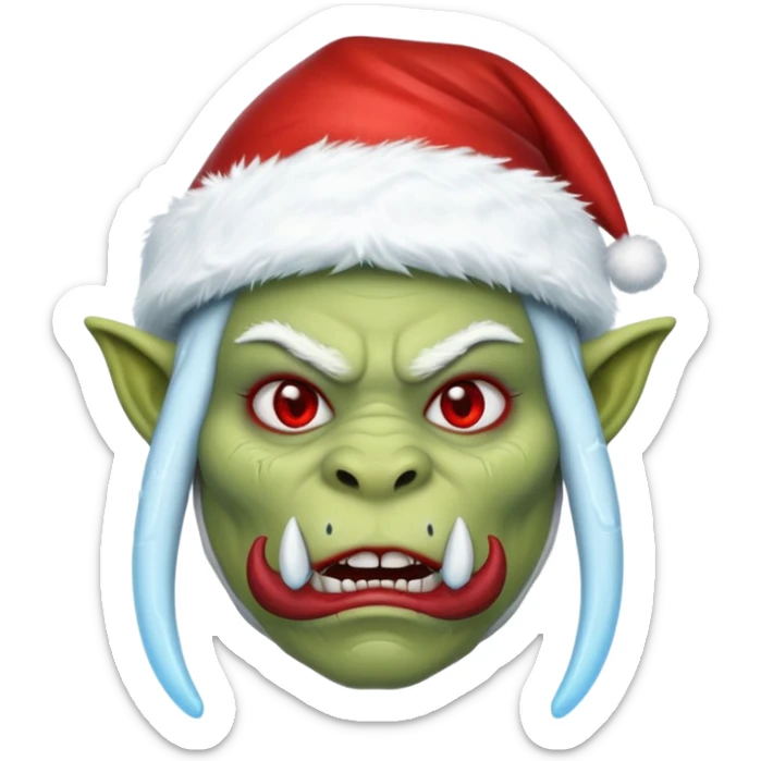 Fantasy orc emoji portrait, Santa Claus hat stretched around tusks, tusks covered with ice and crimson frost cracks, cold predator expression, winter hunt atmosphere, minimal clean emoji design, female variant
 sticker