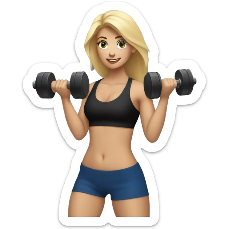 blonde woman working out with a blue shorts and black tank top and she is holding a dumbell sticker