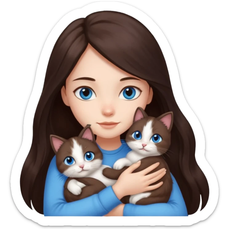 a pretty girl with long dark 
brown hair, with blue eyes, hugs 3 different natural coloured small cats sticker