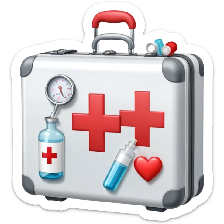 An icon featuring a medical suitcase with a red cross, a bottle of pills, a stethoscope, and a syringe, symbolizing medicine. The design includes a thermometer, bandages, and a heart monitor, representing healthcare and medical treatment. Transparent background highlights the science of healing. sticker