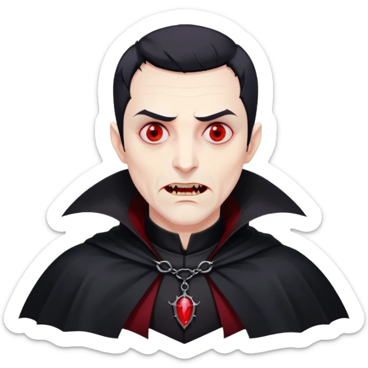 Nam 50 tuổi, mắt đỏ, da trắng, tóc ngắn màu đen, có răng nanh, mặt hơi đáng sợ như ma cà rồng, áo măng tô cổ cao màu đen, nửa thân trên' sticker