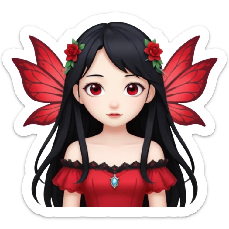 Gothic anime fairy with long beautiful black hair and red dress, pastelcore, sticker