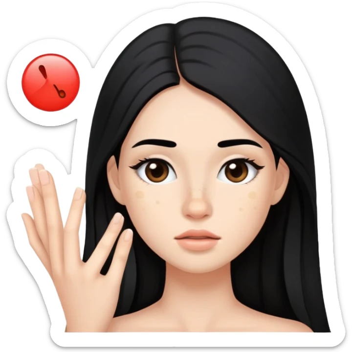 young woman with a pimple on her cheek, long black hair and natural makeup sticker