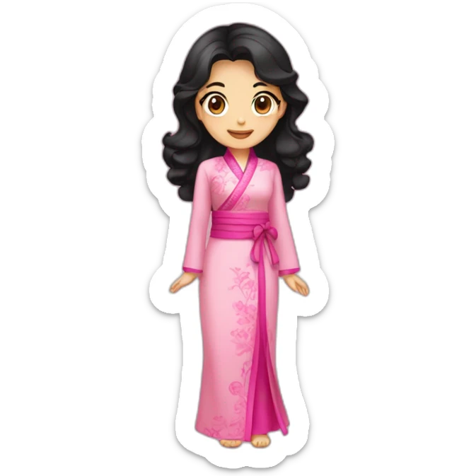 cute brunette with wavy black hair posing with pink ao dai full body sticker