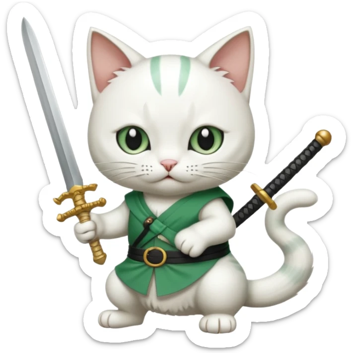 un gato blanco con reeferencia a rororoa zoro "una espada en cada mano y una en la boca" sticker