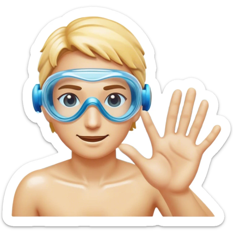 "Stylized emoji of a water ripple with a swimmer's hand emerging, sleek goggles nearby, crystal-clear blue water with soft highlights." sticker