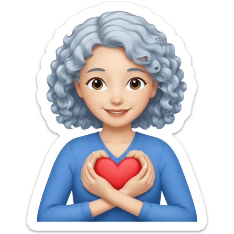 silver, wavy/curly hair chin-length lady giving hug with 2 arms, blue v-neck and smilingm add a heart sticker