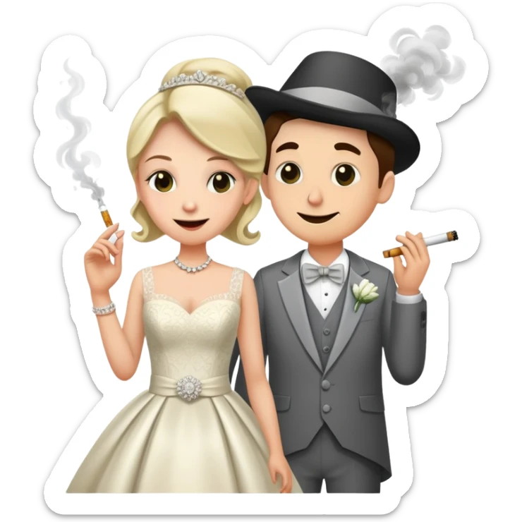 Person in fancy clothes sneaking into a wedding ceremony with a mischievous grin, uninvited guest, smoking sticker