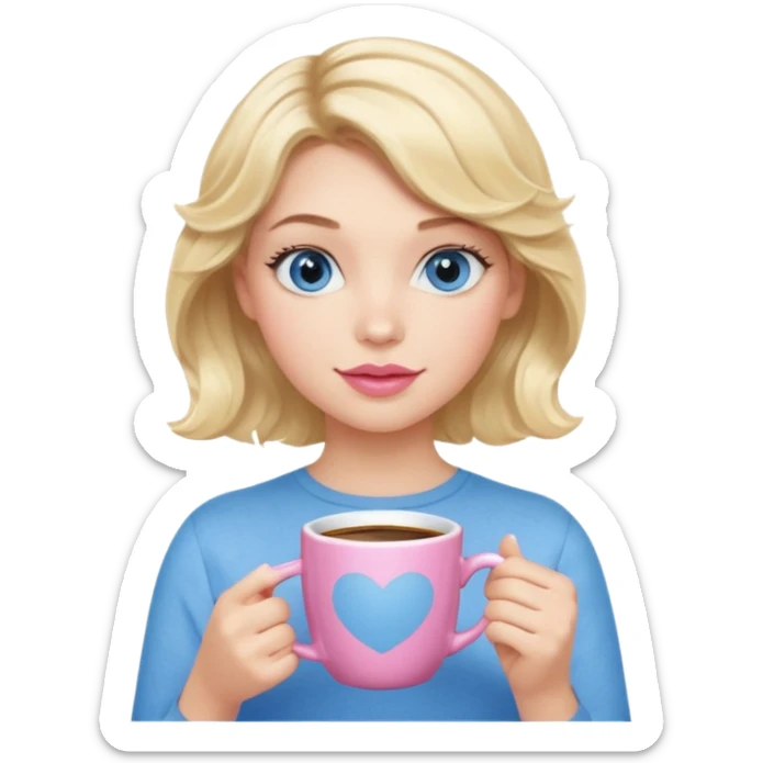 Girl Blonde short wavy hair,  blue eyes, cute blue top, long lashes, pink lips, holding white hot coffee mug sticker