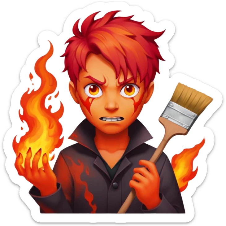 demon artist with wild fiery hair painting chaotic art in hellscape sticker