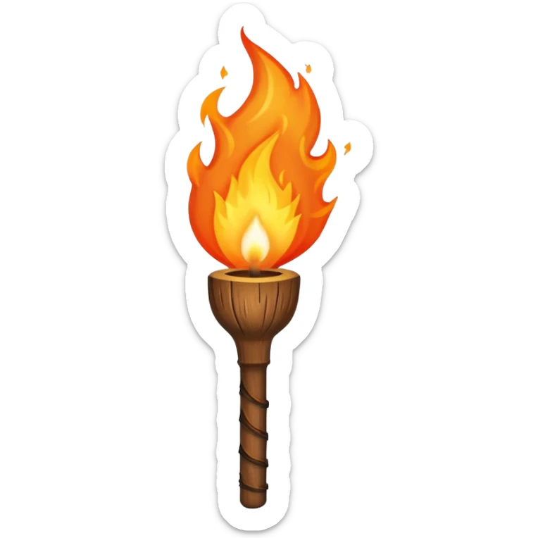 Indiana Jones-style flaming torch: worn wooden stick, bright orange flame, dark and realistic atmosphere. sticker