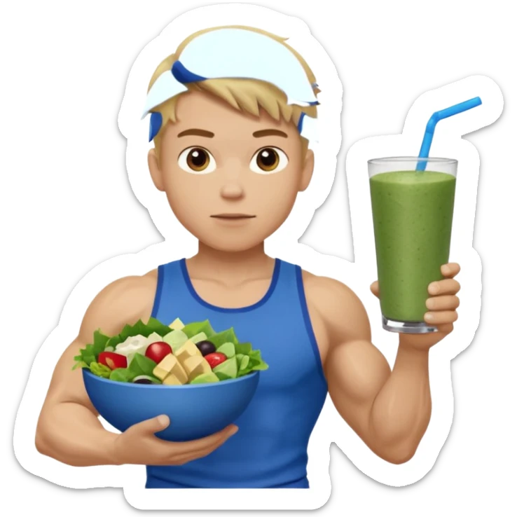 A young male person with a muscular, well-defined build. He has short dark blonde hair, a light skin tone, and a neutral facial expression. He wears blue cloth. He is holding a salad in one hand and a protein shake in the other. sticker