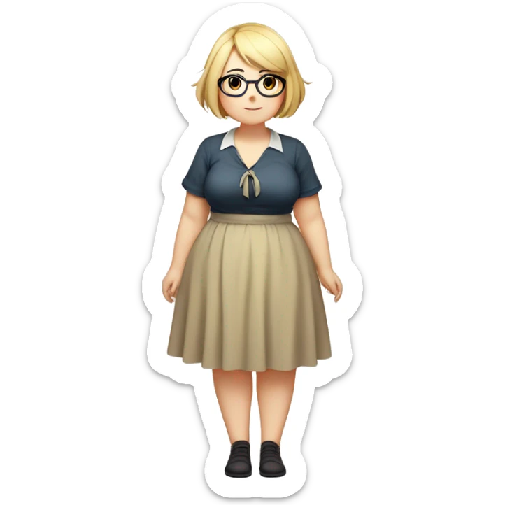 Chubby anime girl with glasses and short blond hair, full body wearing cute dress sticker