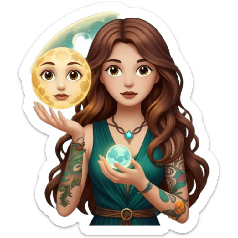 forest mystic woman long wavy brown hair tattoos holding glowing moon orb sticker