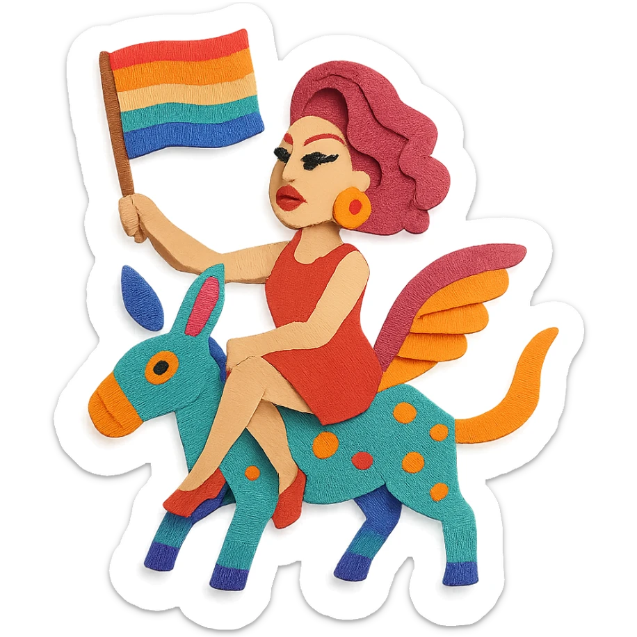 drag queen on an alebrije, holding an LGBTQ flag, in a paper craft style with textured paper elements sticker
