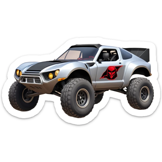 Satan’s and Vader (post race) Cabernet Dirty and dented Local Motors Rally Fighter off road race car hot rod trophy truck-style flying on a dusty road (silver wheels) sticker