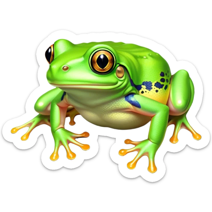 Cinematic Noble Green Tree Frog Portrait Emoji, Poised and alert, with a compact, vibrant body clad in bright, glossy green skin accented by delicate, sticky toe pads and large, bulging, observant eyes, Simplified yet sharp and sophisticated features, highly detailed, glowing with a soft, verdant luminescence, high shine, intelligent and sprightly, stylized with an air of tropical elegance, focused and attentive, soft glowing outline, capturing the essence of a watchful and confident amphibian that appears ready to leap out of the screen with effortless agility! sticker