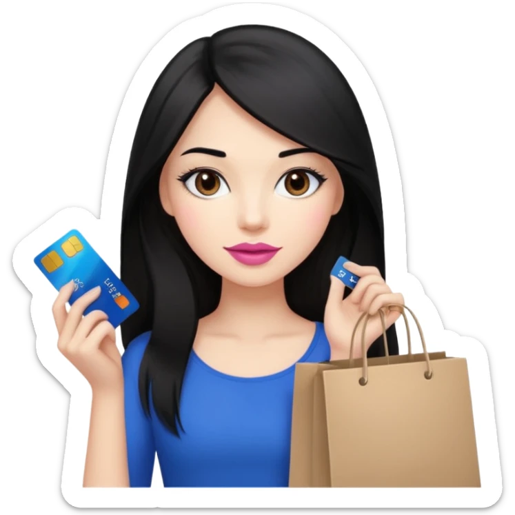 Girl with long black hair, pink lipstick, brown eyes holding shopping bags and blue credit card sticker