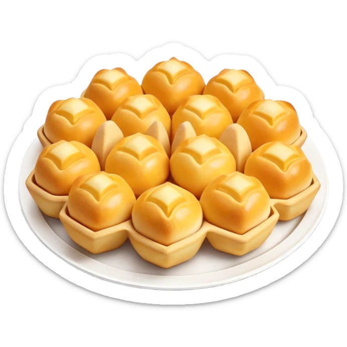 3D rendered authentic Hong Kong egg puffs (港式鸡蛋仔) on a street food tray, traditional hexagonal bubble shape, golden color, hyper-realistic texture, glossy finish, street food presentation sticker