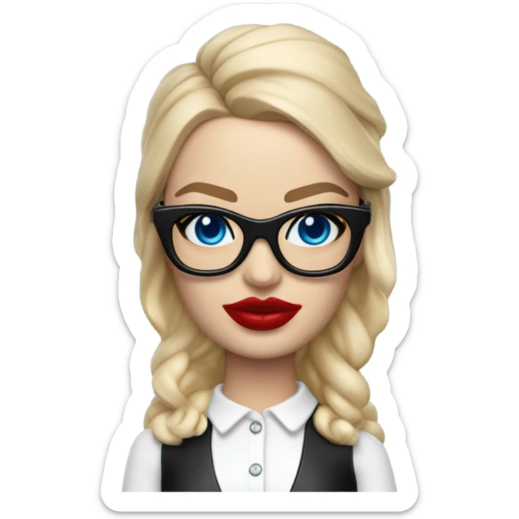  Bobble head Margot Robbie, bright blue eyes and winged eye liner, red kisses, wearing black glasses  sticker