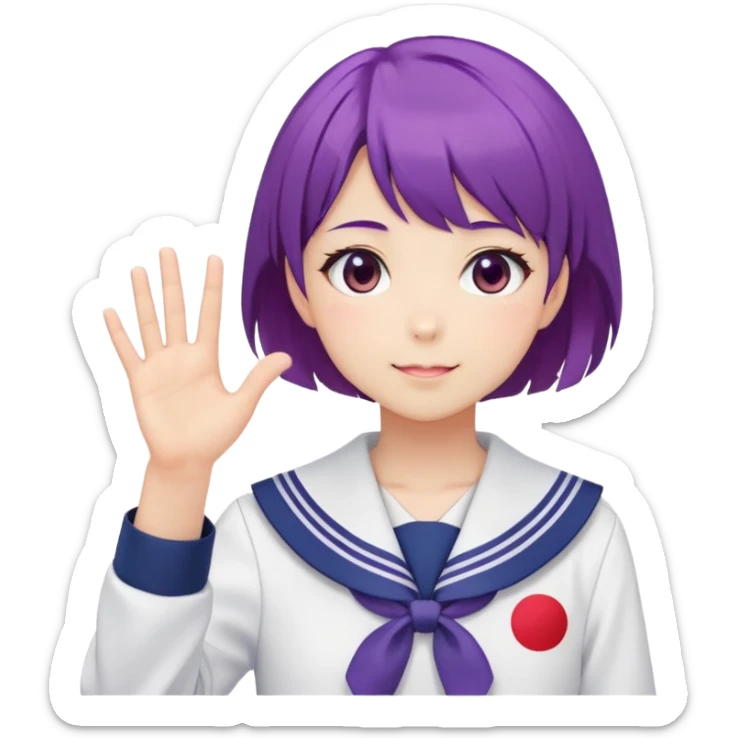 Anime girl with short bright purple hair wearing Japanese sailor style school uniform, composed posture with hand on hip but shyly waving with other hand, blushing face and timid smile sticker