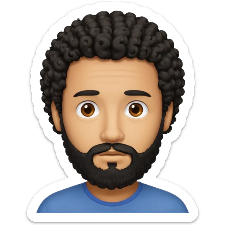 This is a cartoon-style avatar of a man with curly black hair, a beard, and a calm expression  sticker