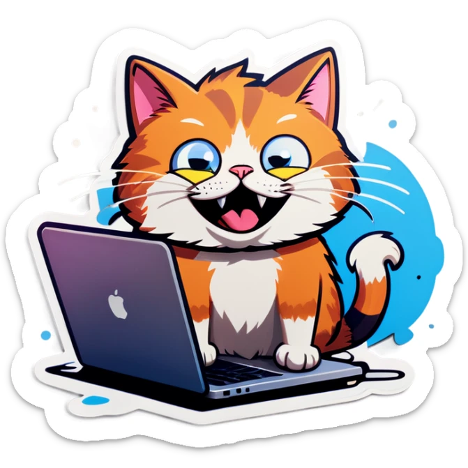 A cartoon-style sticker of a cat that has worked too much and gone crazy. The cat has messy fur, wide, manic eyes with dark circles, and a crazed grin. It sits at a tiny desk with scattered papers, a cracked coffee cup, and a flickering laptop. Its tail is twitching, and there are small motion lines around its head to show stress. The design is colorful, exaggerated, and expressive, perfect for a sticker. The background is minimal or transparent to focus on the cat’s chaotic energy. sticker
